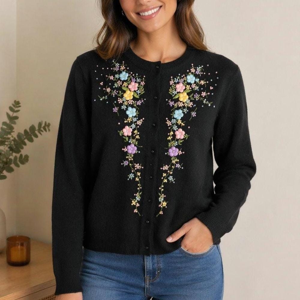 Vintage Floral Embroidered Lambswool Cardigan Black 60s 70s Knit Sweater Size 40